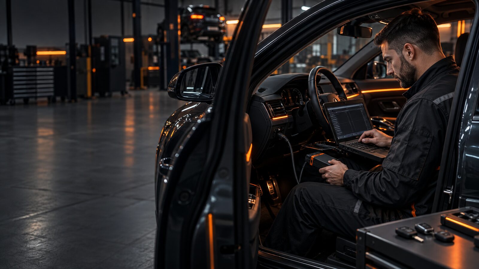 Automotive sleutel- en slotspecialist aan het werk op locatie voor bedrijven